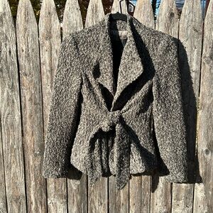 Zara Grey Bouclé Jacket, with attached sash to cinch in waist.